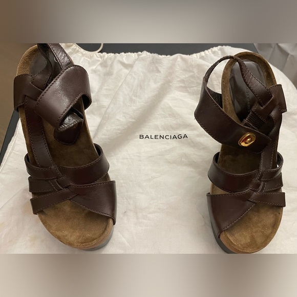 Balenciaga Dk Brown Leather/Cork Suede Stiletto Platform Heel 36 (US 5.5) - Picture 2 of 16